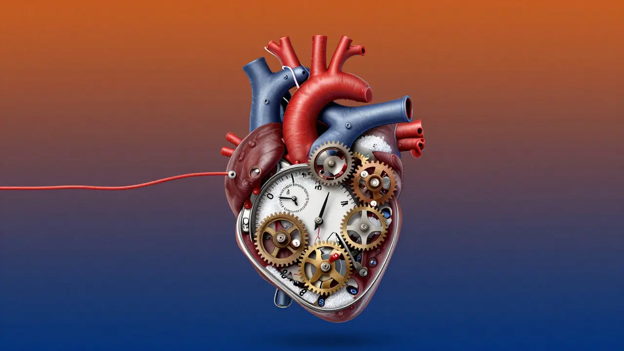 Mechanical heart made of caffeine and sugar gears ticking under strain, symbolic of cardiovascular stress.