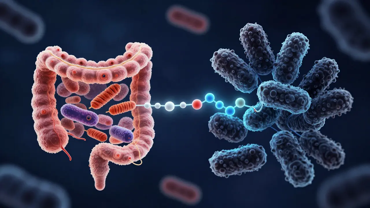 Microscopic view of healthy and disrupted gut bacteria with sweetener molecules connecting them.