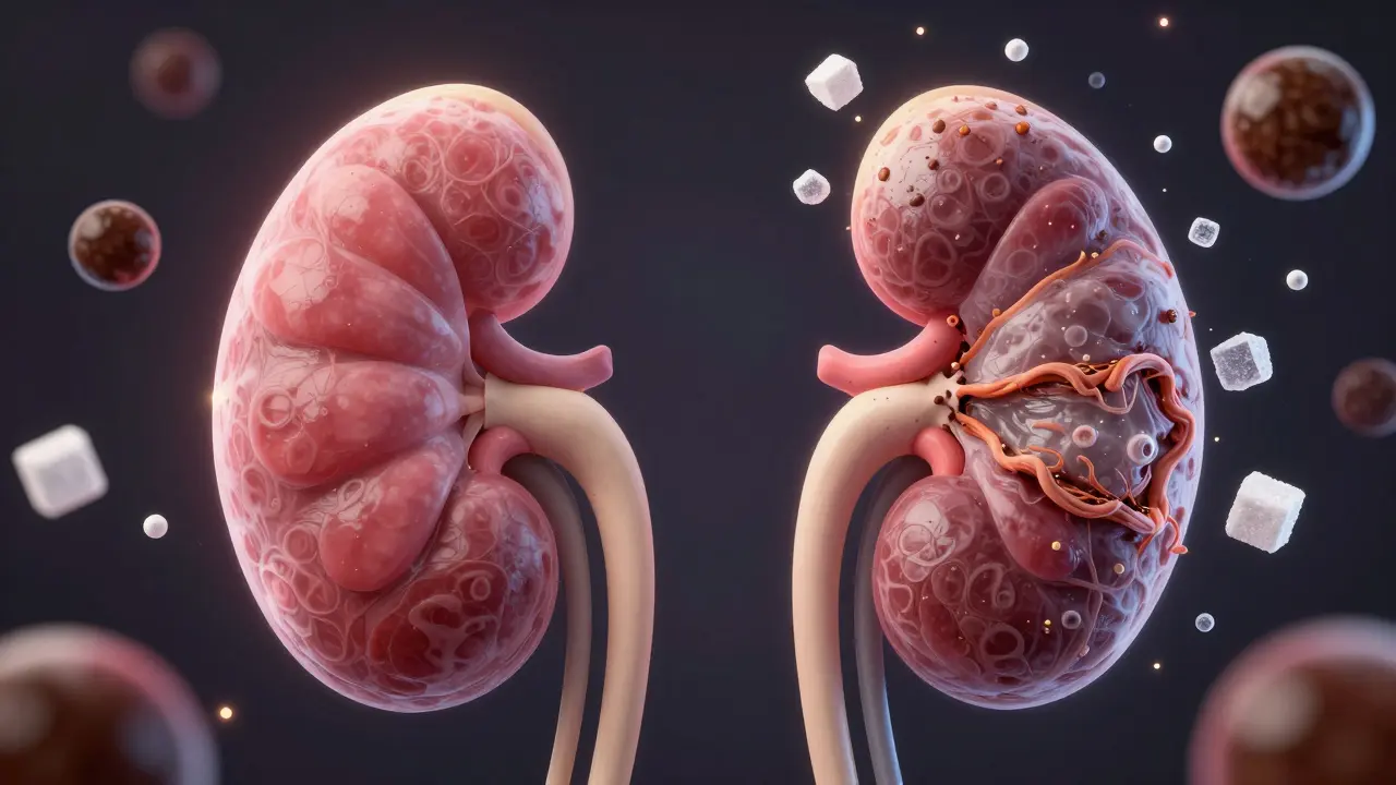 Microscopic view of two kidneys — one healthy, one scarred — surrounded by caffeine and sugar particles.