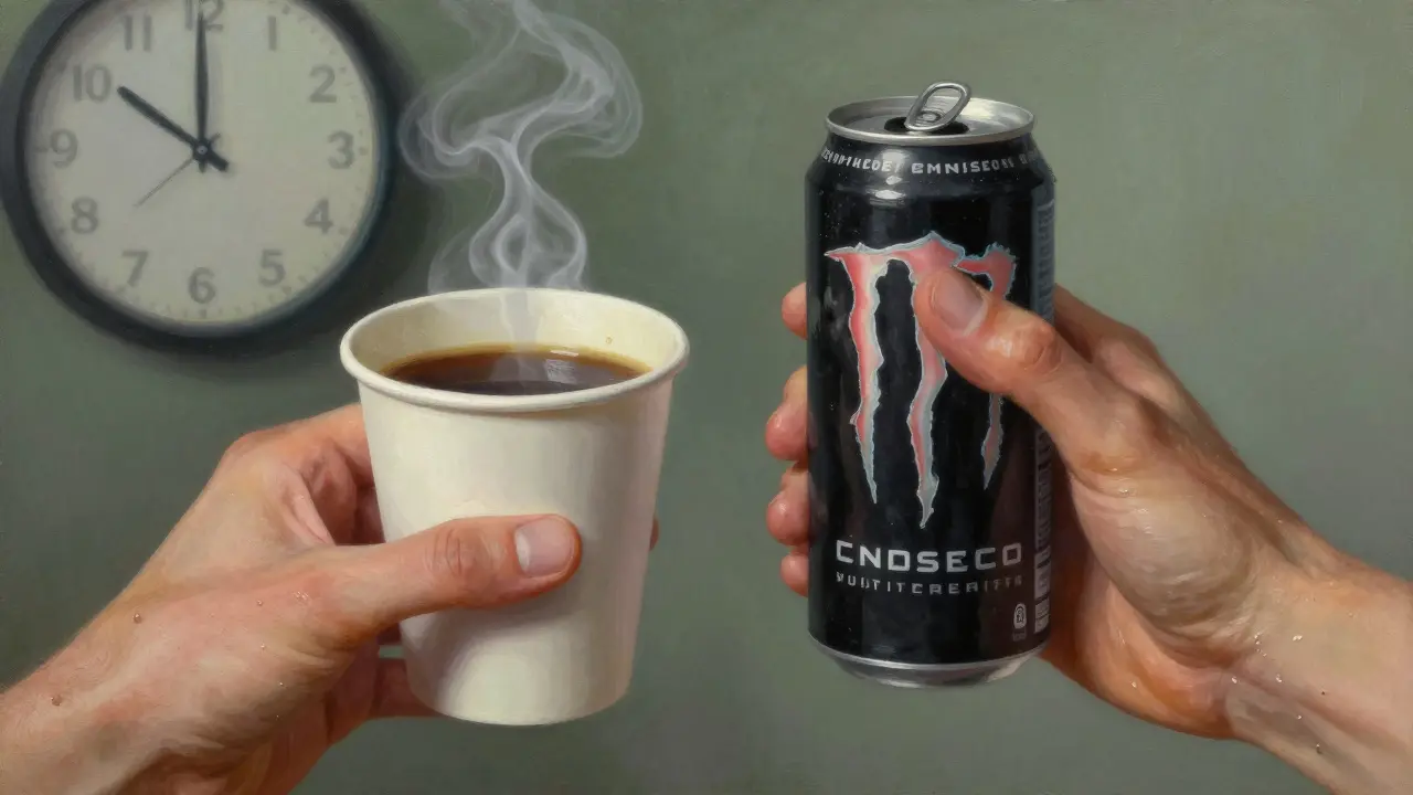 One hand holding coffee calmly, another gripping an energy drink with visible strain.