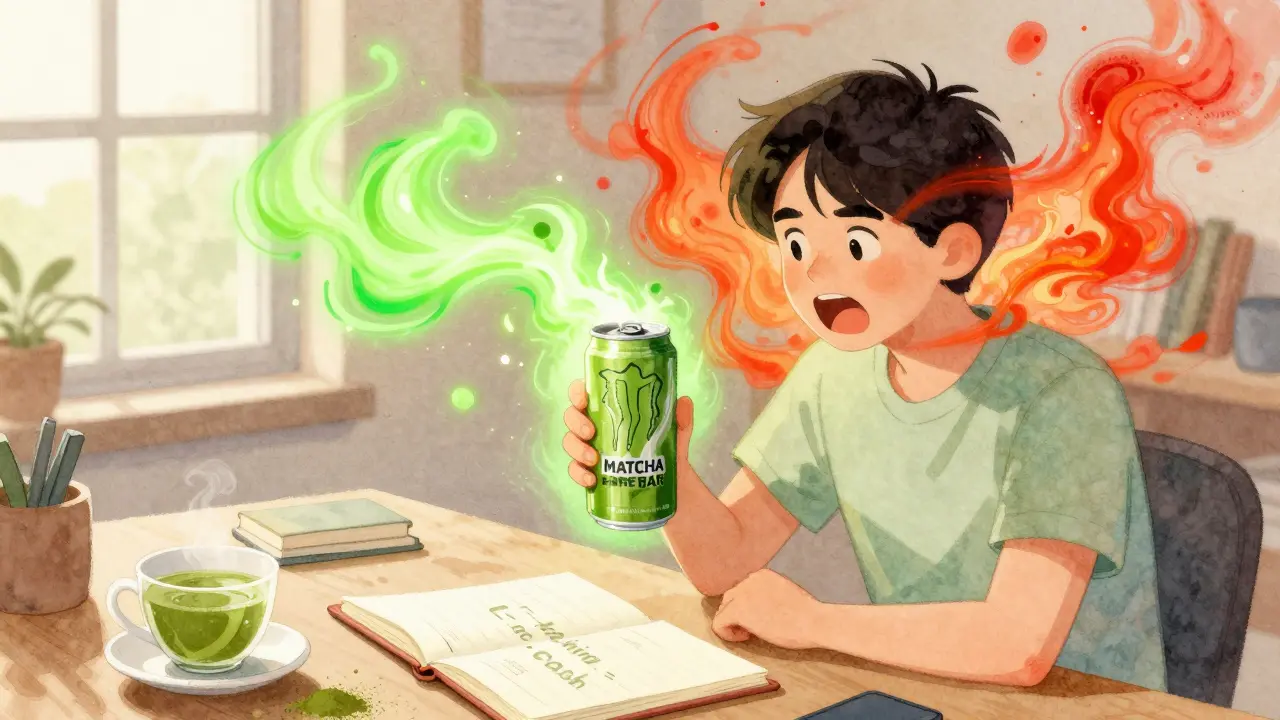 Person drinking Matcha Bar Energy with a calm green energy aura, contrasting chaotic sugar crash colors.