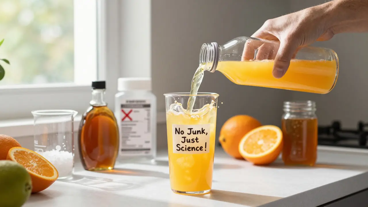 Person pouring homemade sports drink with honey, orange juice, and sea salt in sunny kitchen