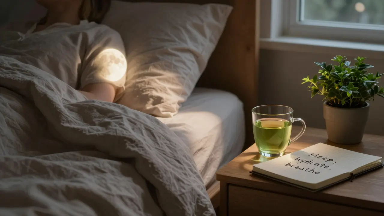 Person sleeping peacefully with green tea and notes on self-care nearby.