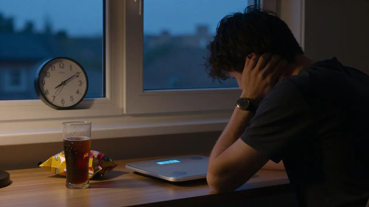Person staring at a rising scale at dusk with an energy drink and chips nearby.