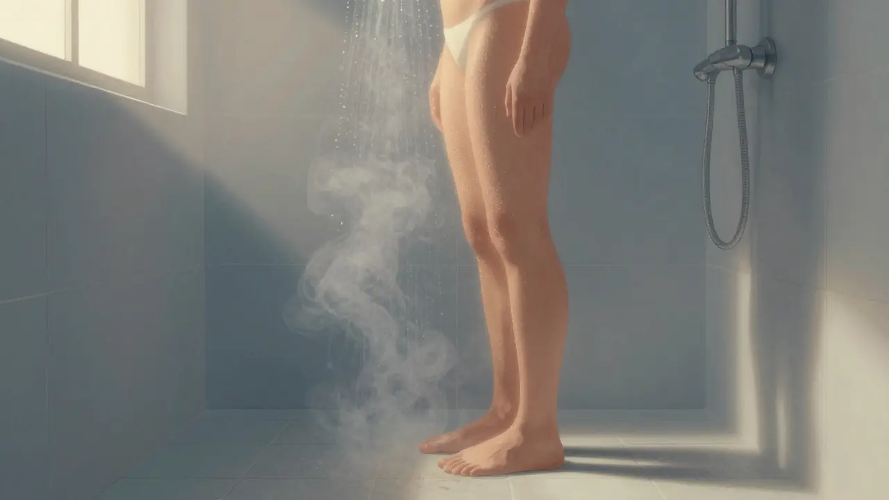 Person taking a cold shower with golden light symbolizing increased alertness.