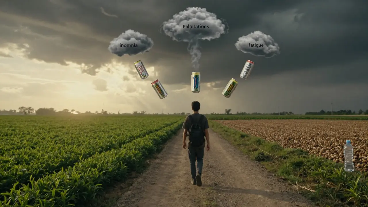 Person walking away from energy drink cans turning into storm clouds, heading toward healthy alternatives.