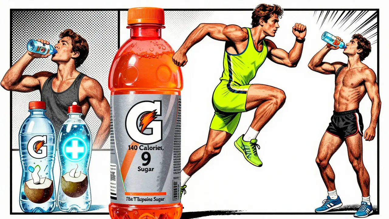 Retro-style ad showing runner leaping over giant Gatorade bottle while others drink healthier options.