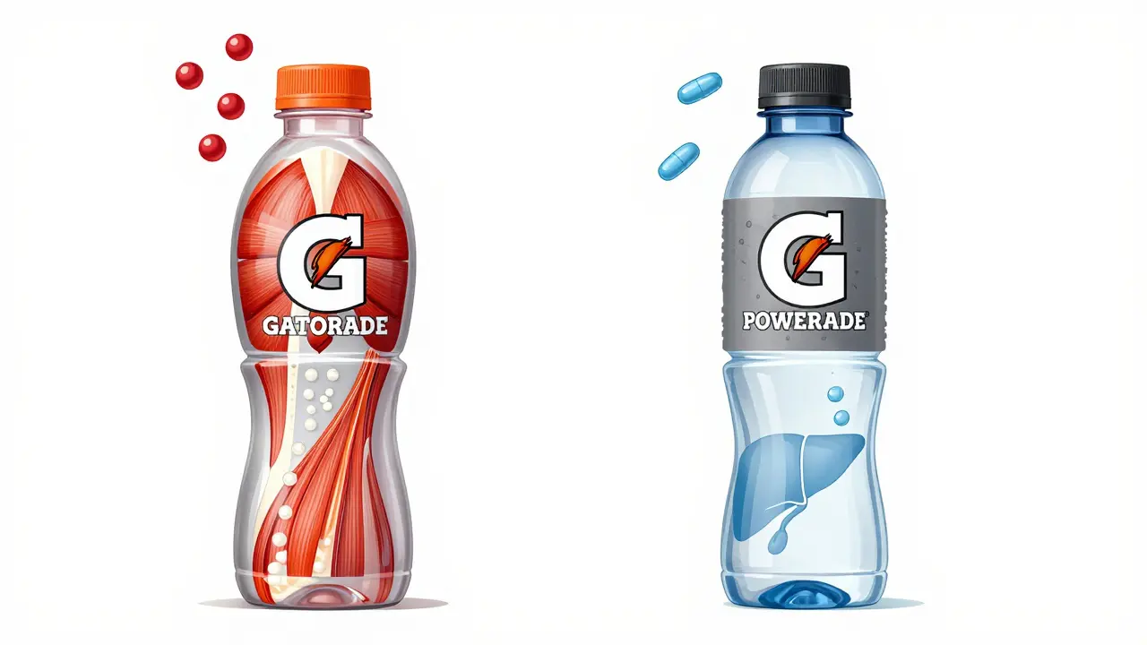Side-by-side comparison of Gatorade and Powerade with molecular diagrams floating above.