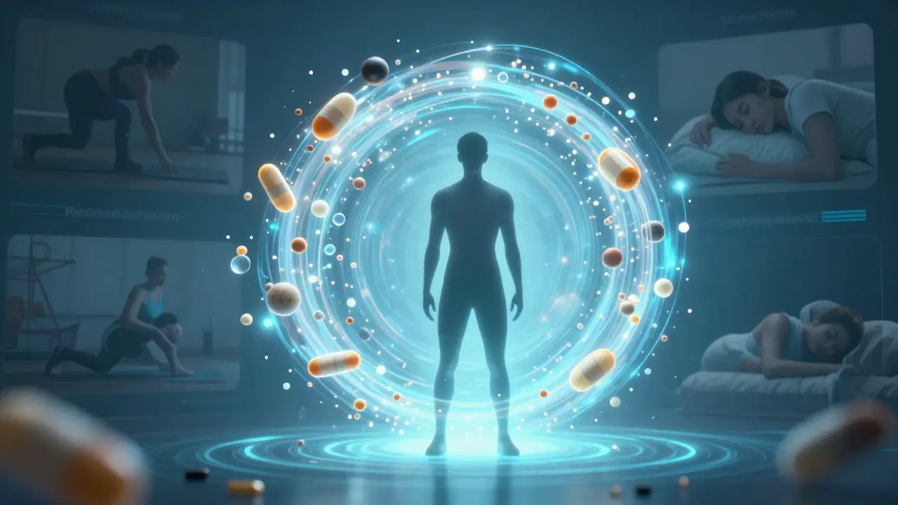 Silhouette surrounded by glowing energy particles representing vitamins and caffeine, symbolizing clean energy for weight loss.