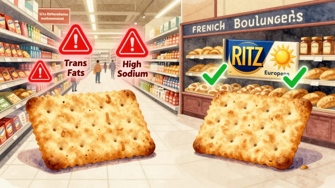 Split illustration comparing U.S. Ritz crackers with EU reformulated version, showing health warnings versus safe ingredients.