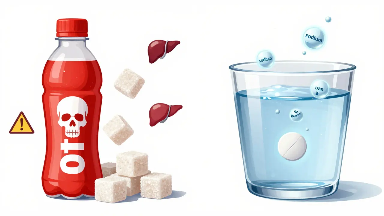 Split image: sugary sports drink with warning symbols vs clean electrolyte tablet dissolving in water