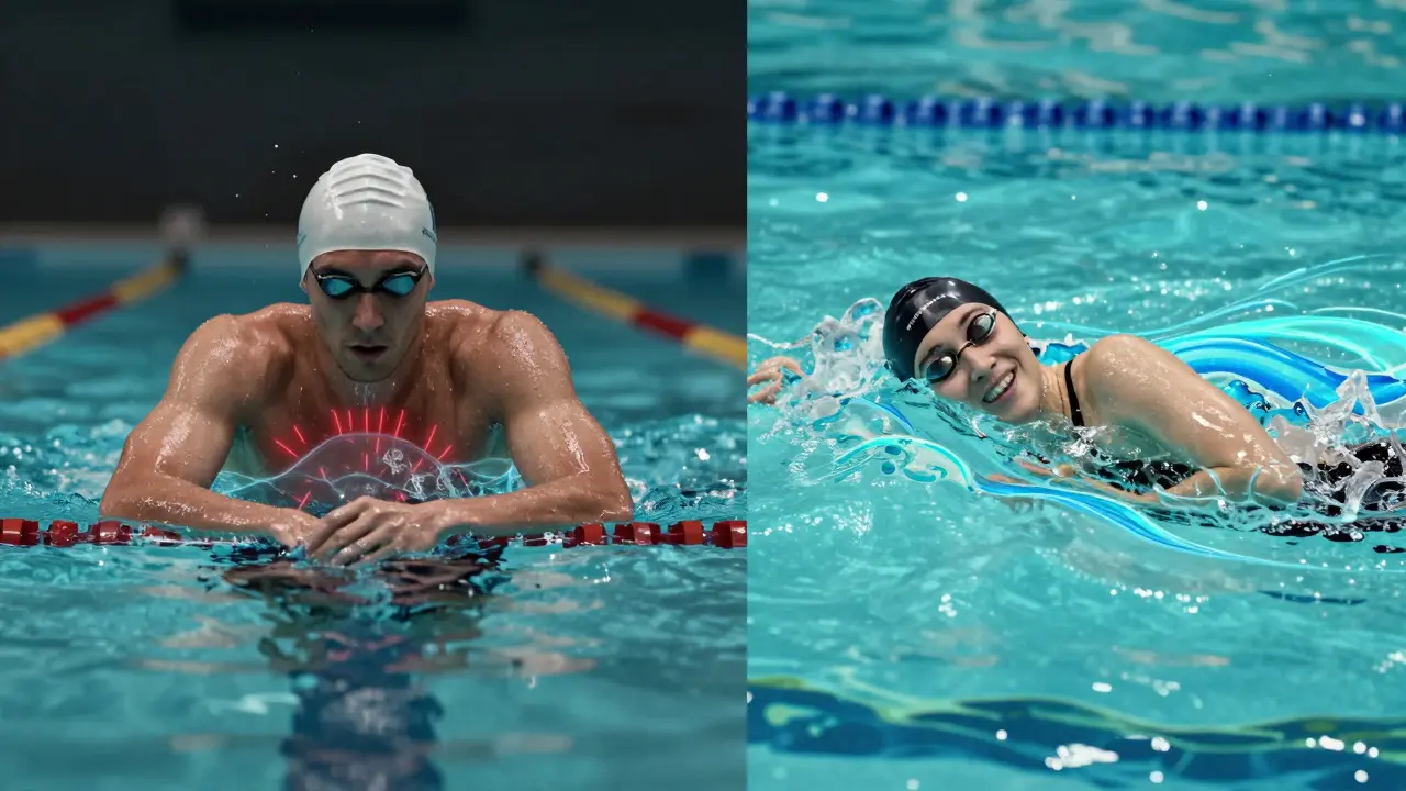 Split image: tired swimmer with stress signals vs. relaxed swimmer with hydration waves.
