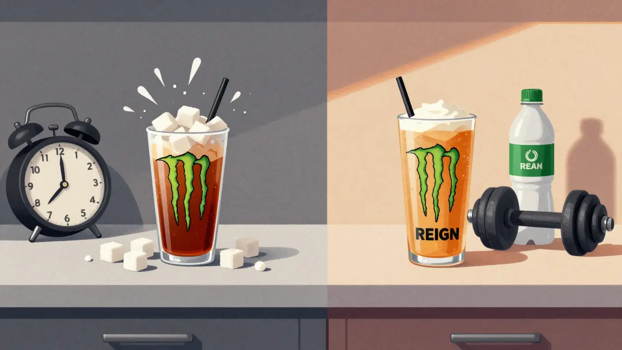 Split kitchen counter showing unhealthy energy drink with sugar spill versus healthy alternative with fitness gear.