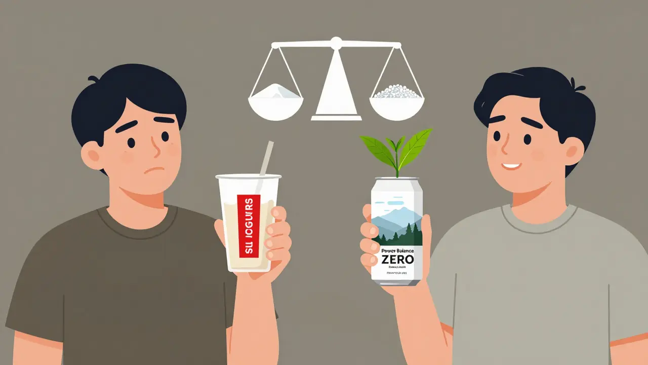 Split-screen: tired person with sugary drink vs. energized person with natural low-calorie drink.