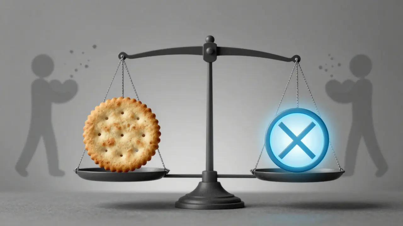 Symbolic scales balancing a Ritz cracker against a European health regulation emblem, with heart-shaped figures in the background.