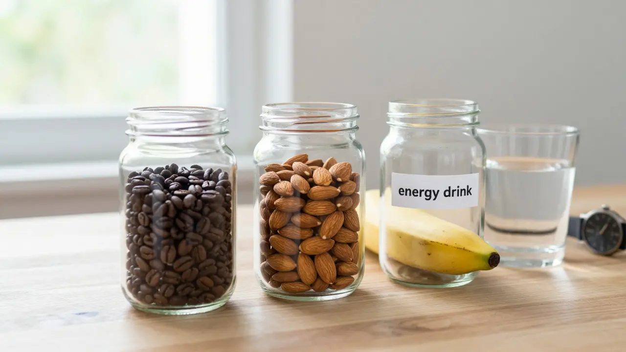 Three jars: coffee beans, nuts and banana, and empty energy drink can on a wooden table with water.