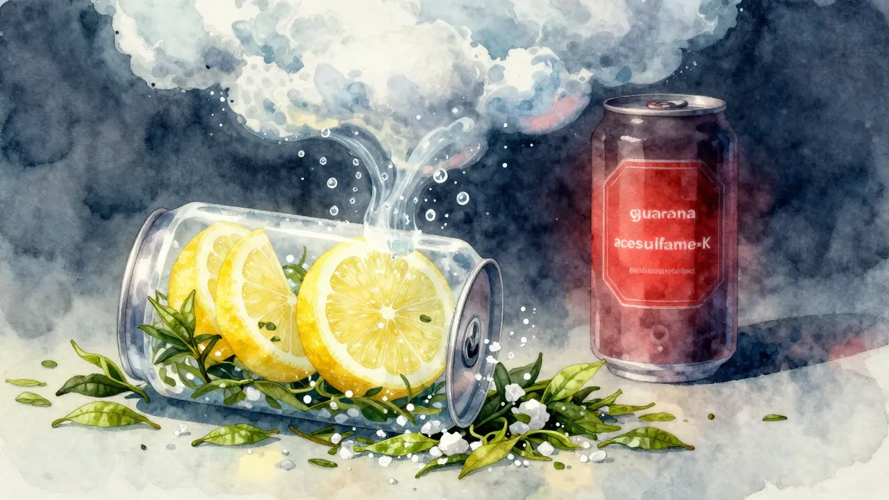 Transparent energy drink transforming into tea leaves, lemon, and water droplets, with dark artificial can fading away.