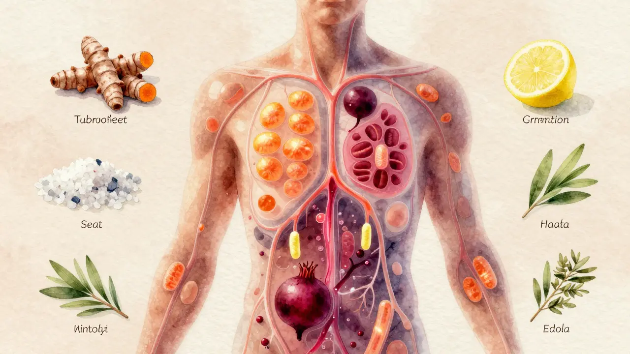 Transparent human body with glowing mitochondria fueled by natural energy sources.