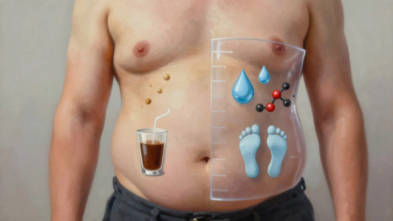 Transparent torso illustration showing bloating vs. reduced bloating from healthy habits.