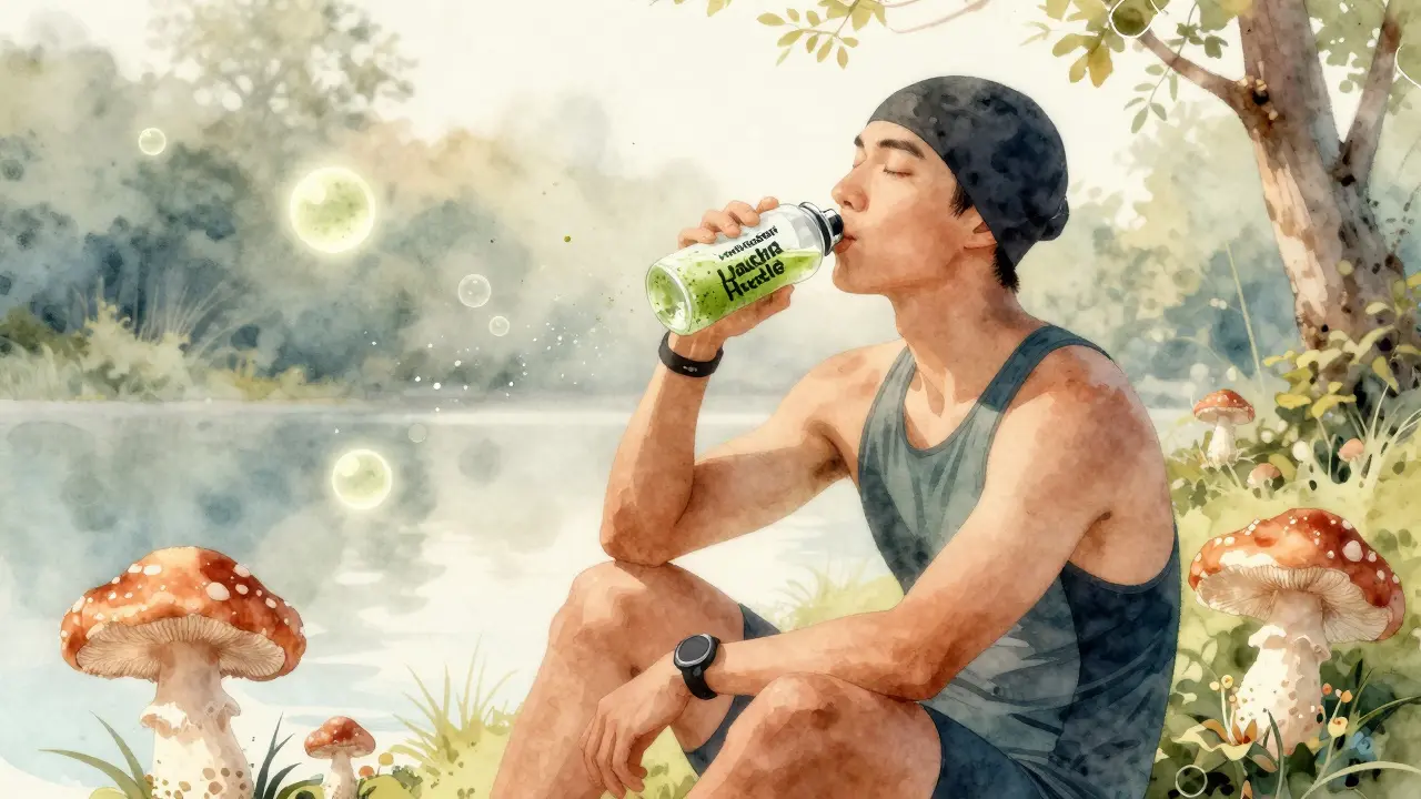 Triathlete drinking MatchaBar Hustle after a swim, glowing matcha particles and mushroom motifs in soft dawn light.