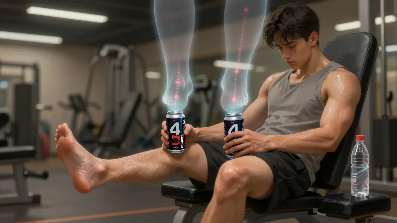 Young adult at the gym with ghostly signs of kidney stress from consuming multiple C4 cans daily.