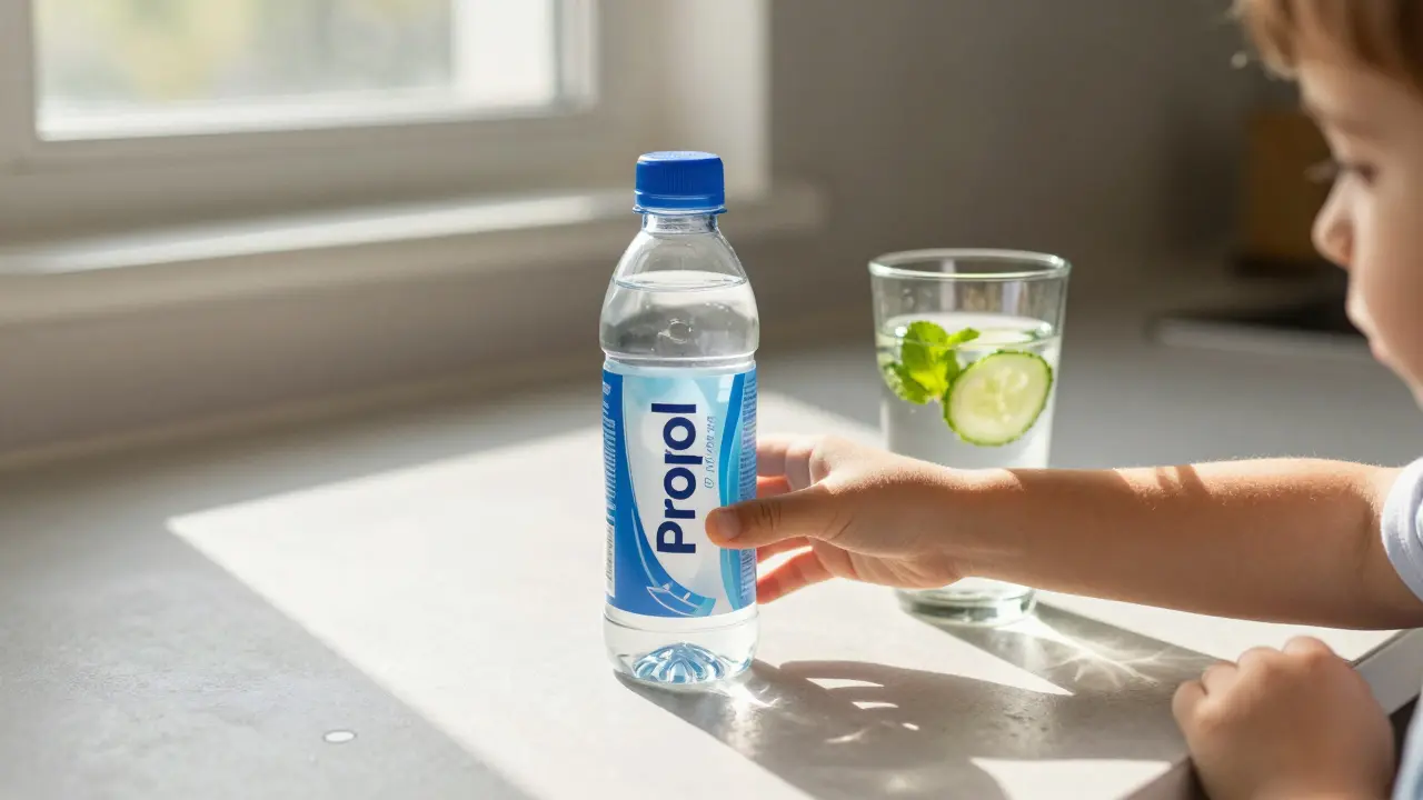 A child's hand reaching for a flavored drink while plain water with cucumber and mint rests nearby in soft sunlight.