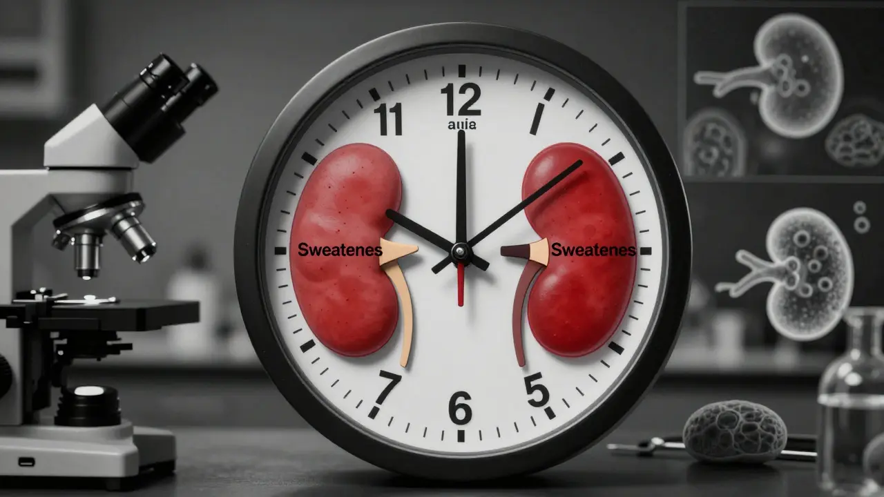 A clock with kidney-shaped faces, each hour representing a risk factor to kidney health from energy drinks.