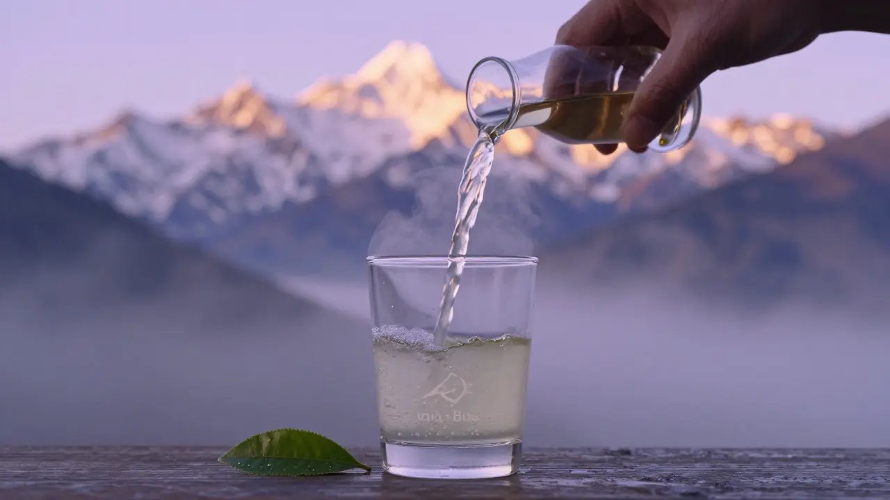 A glass of Alpine Bliss poured near alpine mountains at dawn with a tea leaf and water droplet.