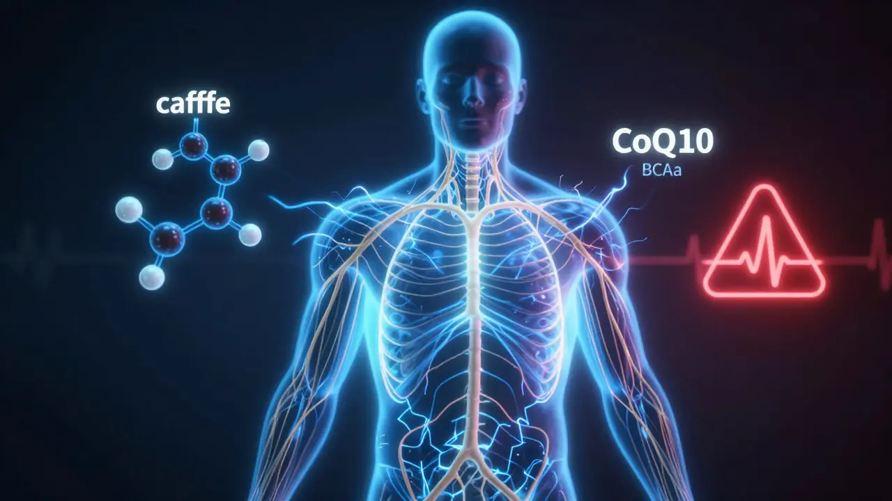 A glowing human nervous system with caffeine molecules and a flickering warning sign.