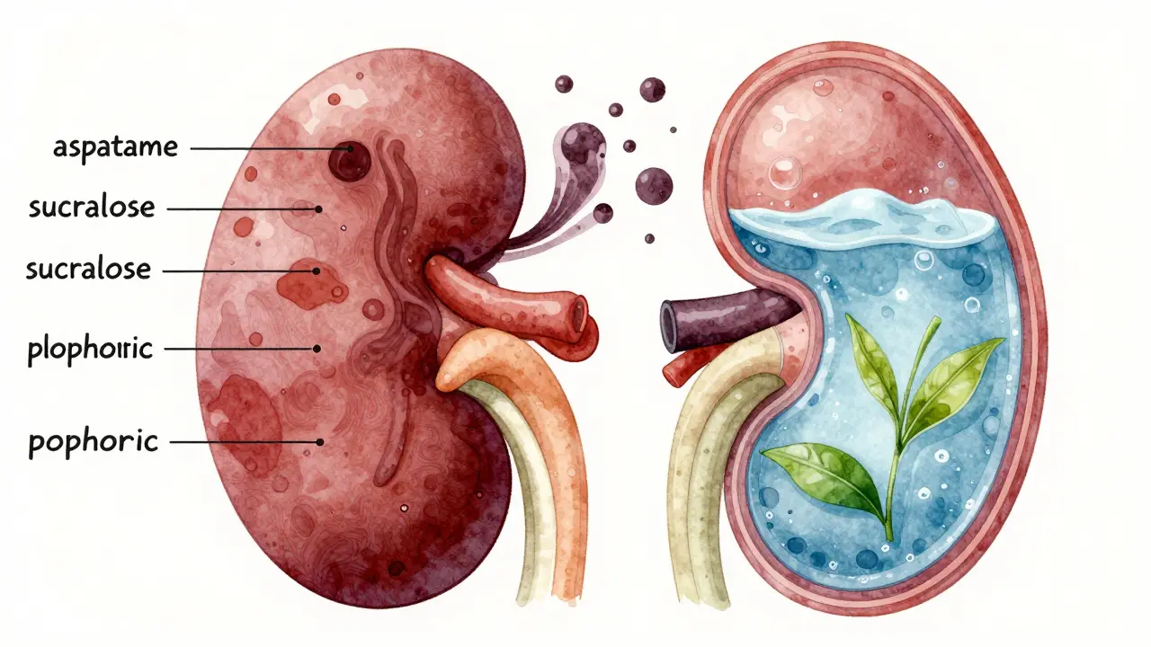 A kidney filtering blood, with harmful chemicals entering on one side and natural fluids exiting on the other.