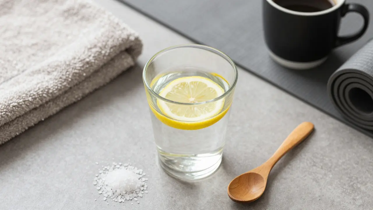 A minimalist setup of warm lemon water and sea salt beside a wooden spoon and lemon slice.