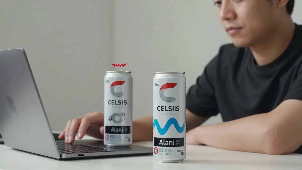 A person working calmly at a desk with two energy drinks, one causing jitters and the other promoting steady focus.