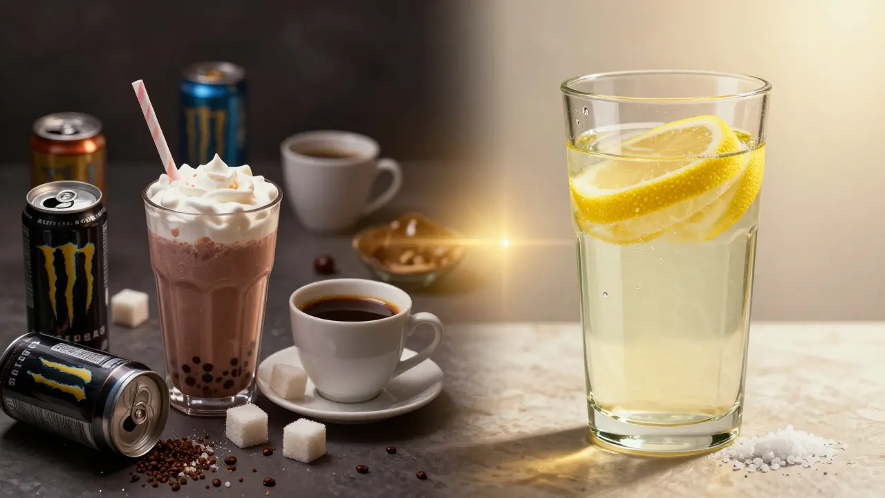 A symbolic split image contrasting energy drinks with simple hydration for athletes.