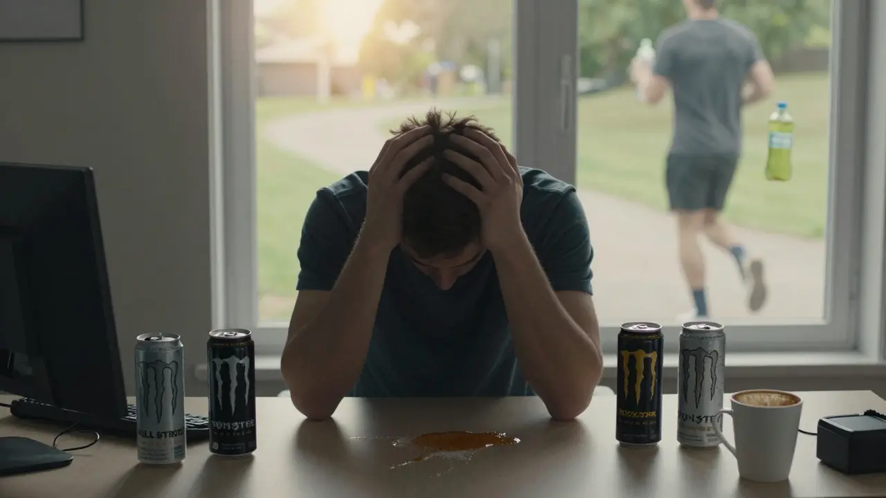 A tired young adult surrounded by empty energy drink cans, while a person jogs outside in sunlight.