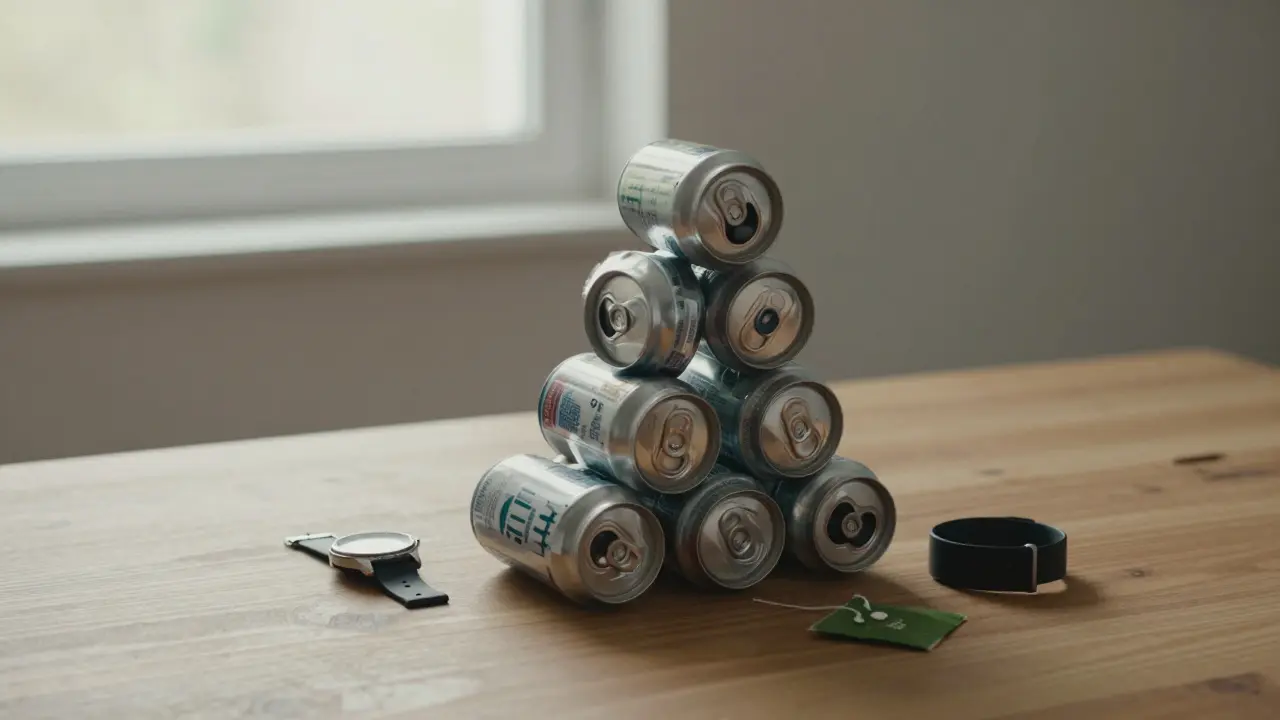 A tower of 30 empty energy drink cans toppling beside a watch and green tea, symbolizing dependency.