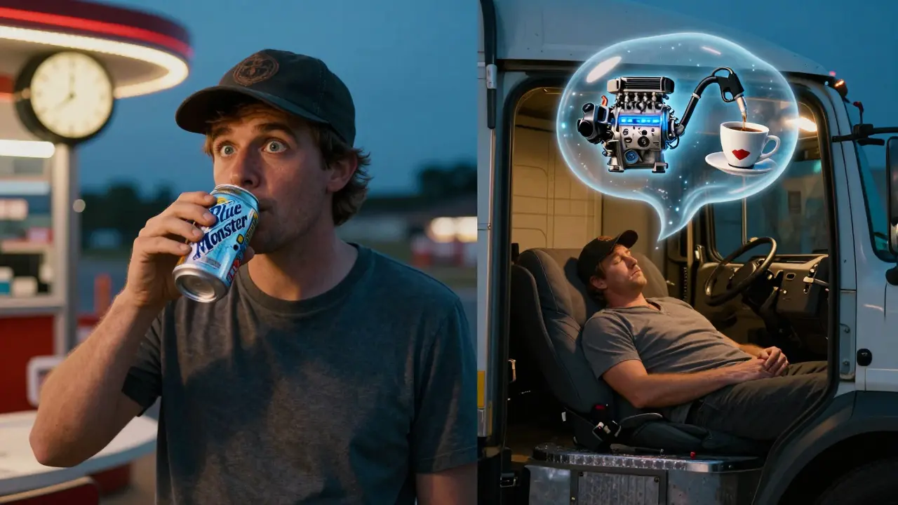 A trucker awake drinking Blue Monster, split with a dream of rest and caffeine.