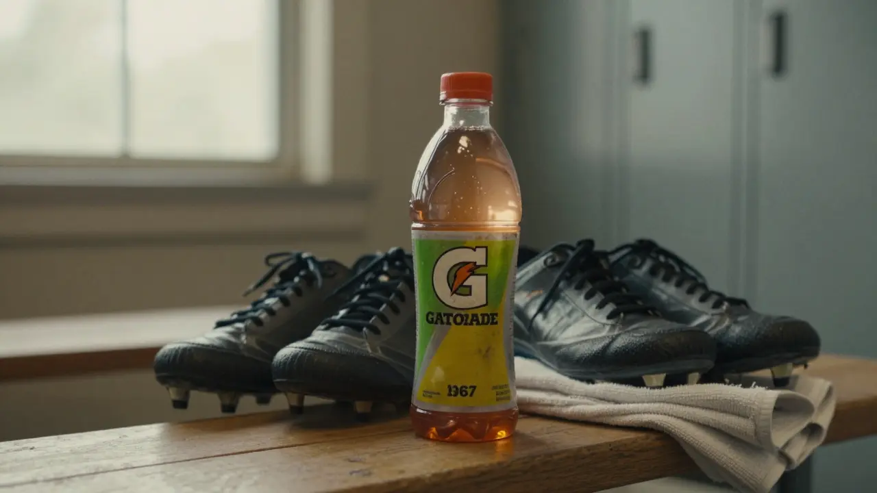 A vintage Gatorade bottle beside cleats and a towel in a locker room, soft natural light.