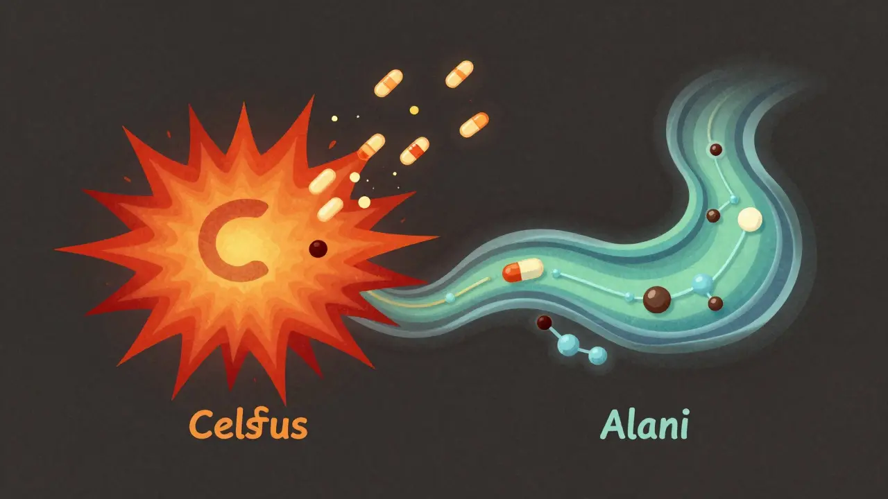 Abstract diagram showing chaotic caffeine rush versus smooth, balanced energy flow in the human body.
