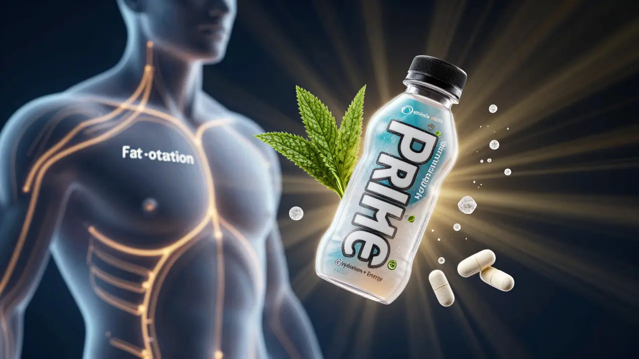 Abstract representation of fat burning enhanced by an energy drink with glowing metabolic pathways and natural ingredients.