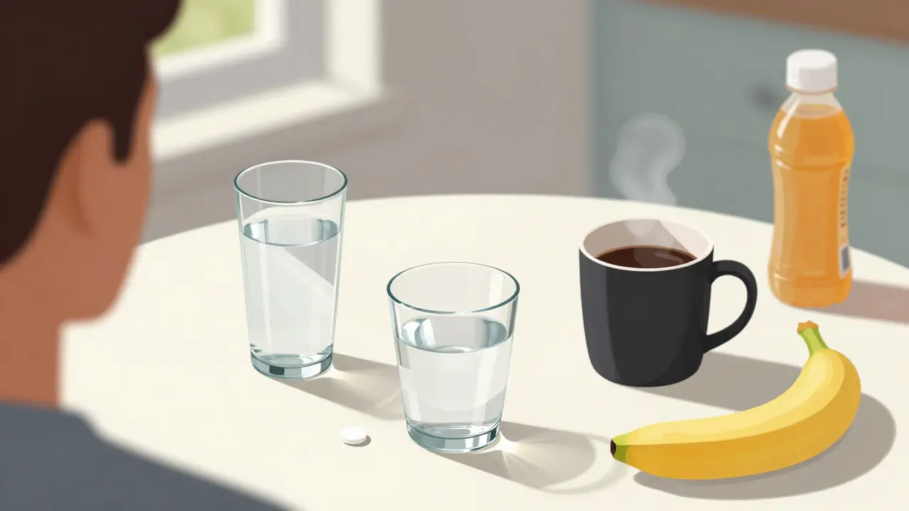 An athlete’s hydration station with water, electrolyte tablet, and coffee — no energy drinks.