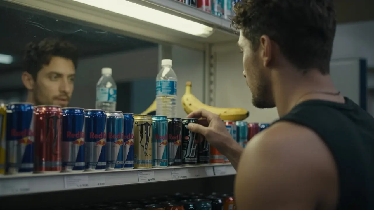 Athlete facing shelf of energy drinks, mirror reflection shows water and banana as better choice.