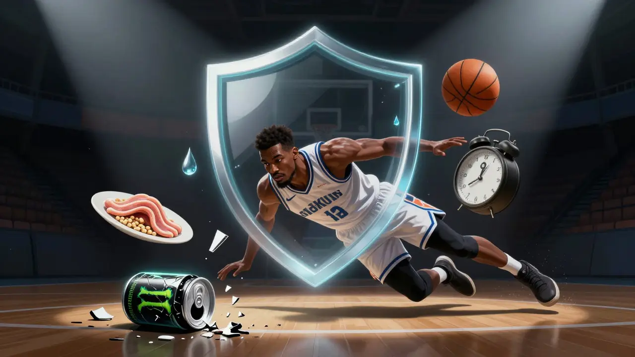 Basketball player diving for the ball as symbols of sleep, hydration, and nutrition glow around them, while a broken energy drink can lies shattered.