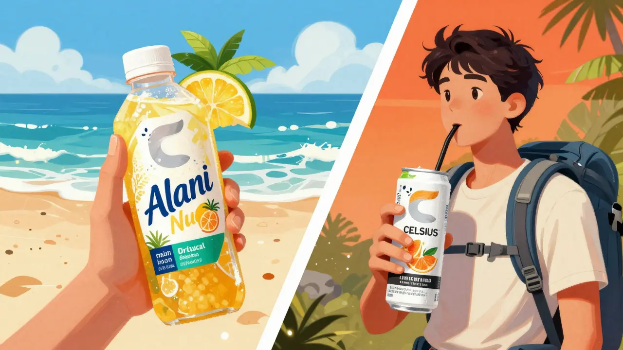 Beach scene with tropical drink and hike with citrus drink.