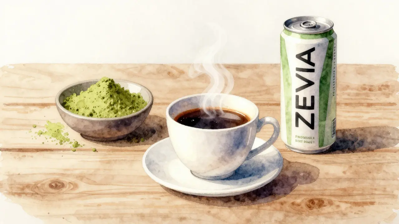 Black coffee, matcha, and Zevia energy drink in sunlight
