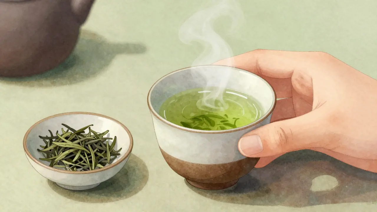 Ceramic cup of steaming green tea with loose leaves beside it