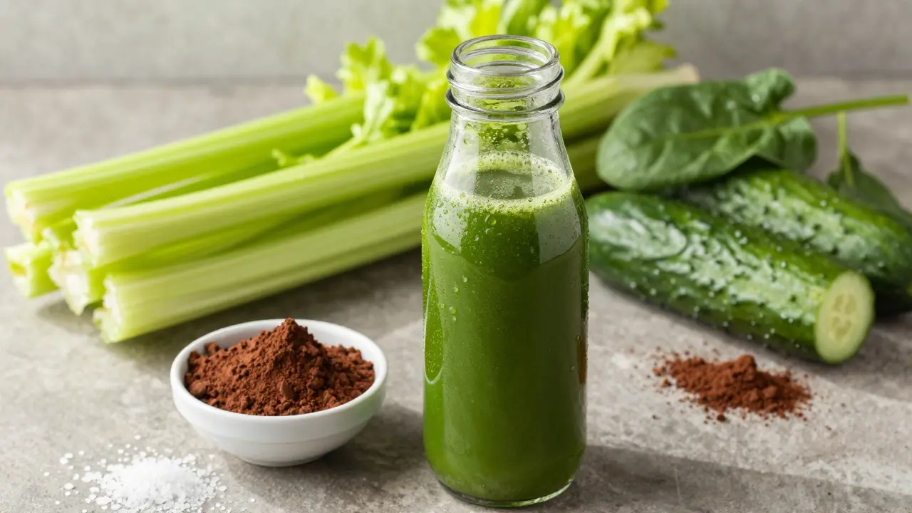 Cold-pressed vegetable juice bottle next to cacao powder and sea salt