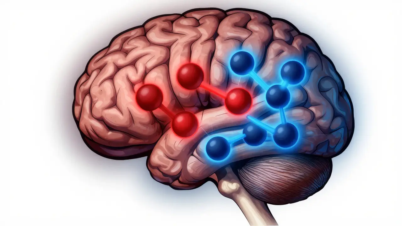 Cross-section of a brain showing alcohol and caffeine signals clashing, symbolizing masked intoxication.