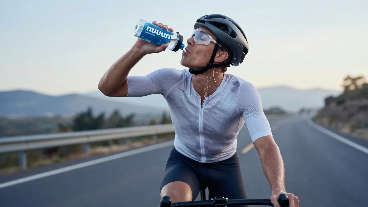 Cyclist sipping electrolyte drink from water bottle during endurance ride