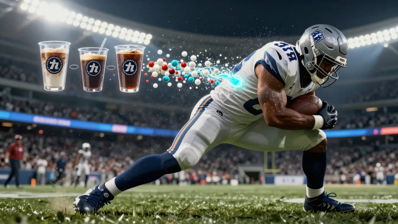 Football player making a tackle with electrolyte particles replacing caffeine symbols.