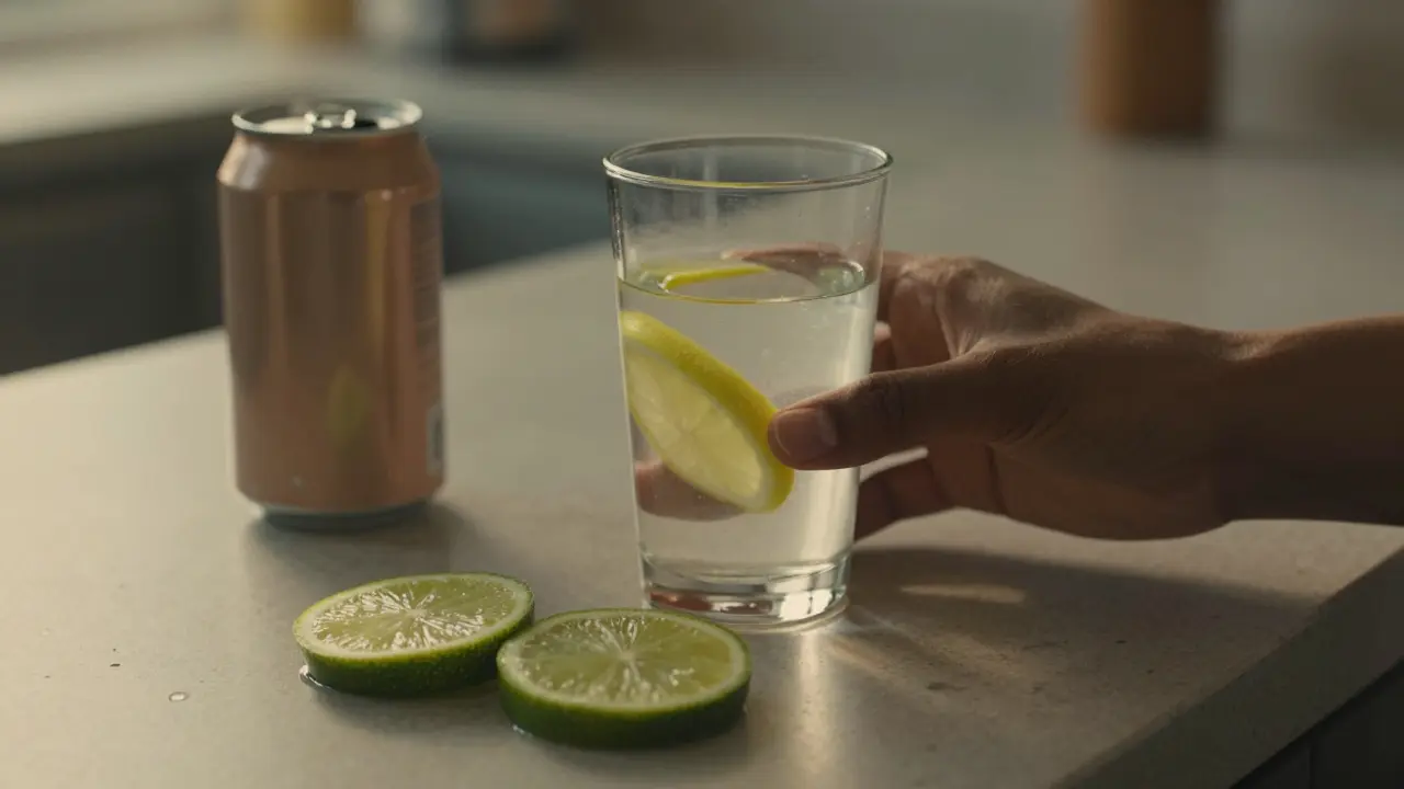 Hand choosing lemon water over a soda can on a counter with golden hour lighting